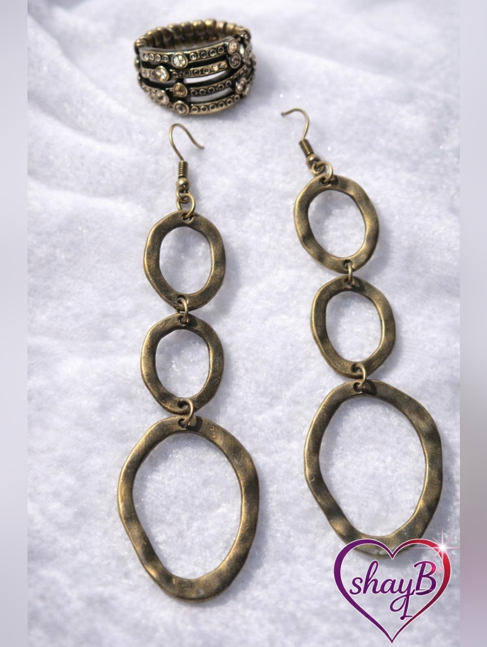 Bronze Hammered Link Drop Earrings - Long Dangle Earrings And Ring